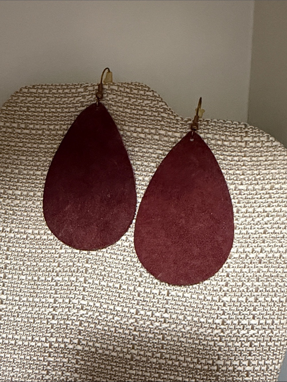 Suade Leather Teardrop Dangle Earrings - Burgundy